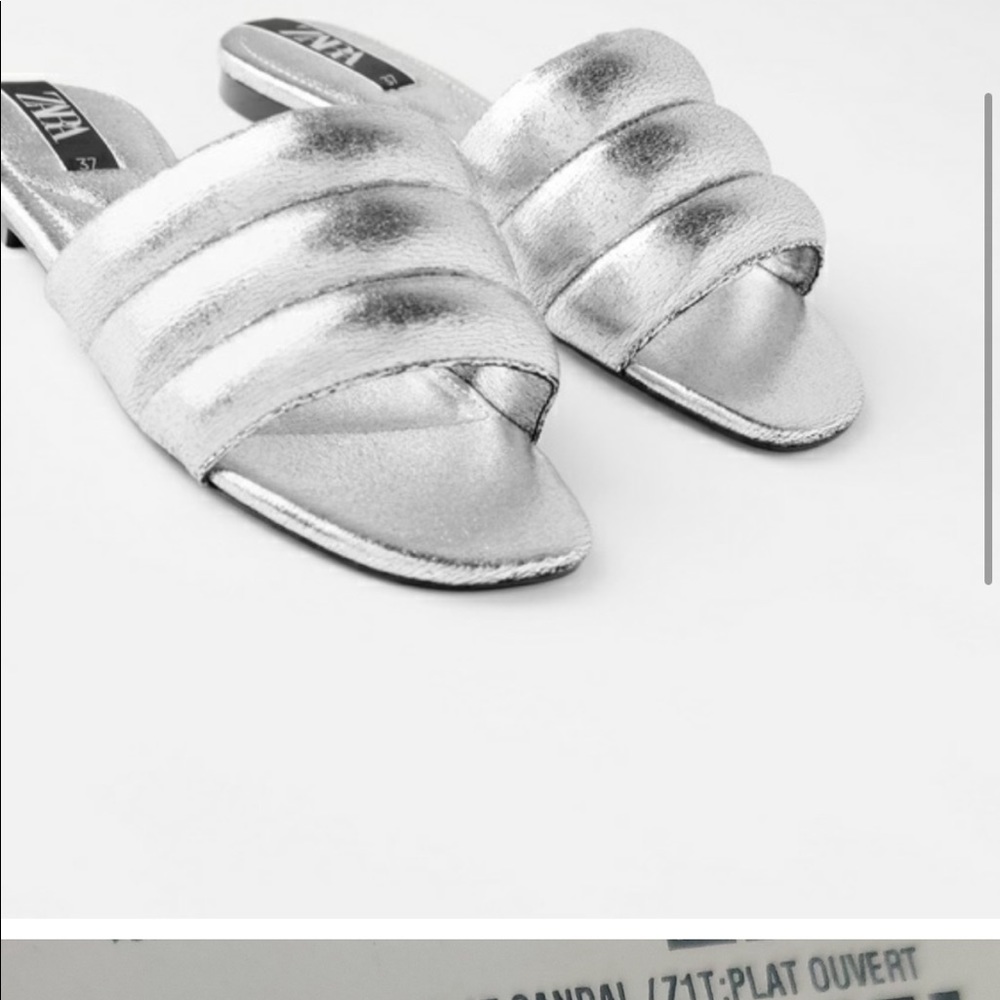 Zara Metallic Silver Quilted Flat Sandal/Slide